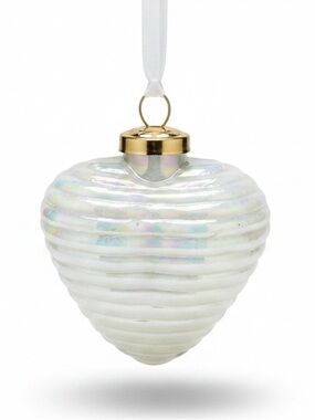 Noonday Frosted Glass Heart Ornament with Ridged Texture and White Mesh Ribbon